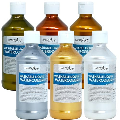 Handy Art Washable Liquid Watercolor, Set of 6 Metallic Colors, 8 oz Bottle, Dye-Based Color, Easy to Dilute with Water, Ready to Use Concentrated Paint, Certified Safe & AP Non-Toxic, Made in USA - color: Metallic Brass, Metallic Copper, Metallic Gold, M