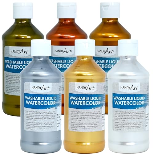 Handy Art Washable Liquid Watercolor, Set of 6 Metallic Colors, 8 oz Bottle, Dye-Based Color, Easy to Dilute with Water, Ready to Use Concentrated Paint, Certified Safe & AP Non-Toxic, Made in USA - color: Metallic Brass, Metallic Copper, Metallic Gold, M