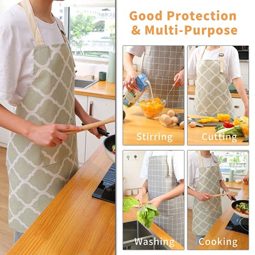 Tosewever 2 Pack Cotton Adjustable Bib Apron for Women, Cooking Kitchen Aprons with Pockets BBQ Drawing, Mom Woman Men Chef (Cotton - Grey/Green, 2) - color: Cotton - Grey/Green