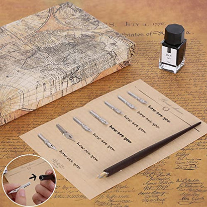 Vintage Quill Pen Ink Set,Feather Quill Pens with Wooden Calligraphy Pen, Including 7 Different Sizes of Nib, Calligraphy Pen Set Gift & Women and Man(Grey)