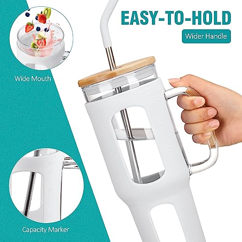 WINSA Glass Tumbler with Lid and Straw, 46 oz Iced Coffee Cup with Handle, Large Water Bottles with Silicone Sleeve, Glass Cup with Straws - Pearl Straw & Drinking Straw BPA Free-White - color: White, size: 46 Ounces
