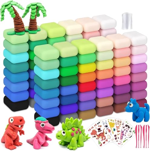 Air Dry Clay 96PCS (2x48Colors), Modeling Clay for Kids with 12 Sheets Dinosaur Stickers & 6PCS Sculpting Tools, Safe & Non-Toxic, DIY Molding Clay Gift for Boys and Girls - size: 96PCS