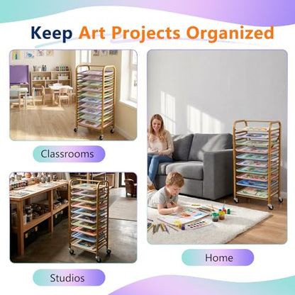 LEIFIDE Mobile Art Drying Rack with 10 Colorful Tough Trays, Paint Rack with 4 Wheels, Large Capacity Classroom Painting Organizer, Metal Frame, for Kids, School & Art Studio