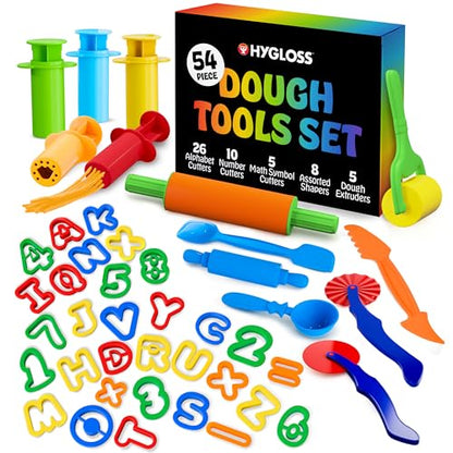 Hygloss 54 Pcs Dough Tools Set – Dough Cutters +Dough Extruders+Numbers & Alphabet Cutters Set – Educational Modeling Clay Tools – Preschool Toys & Toddler Activities – Arts & Crafts for Kids Ages 3-5 - color: Extruders + ABCs Numbers + Cutter Tools (54 p