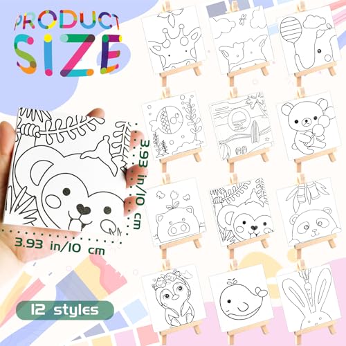 48PCS 12 Sets Printed Canvas Paint Art 12 Pcs Wooden Easel Set Paint Pots and Brushes and 12 Pre Drawn Canvas Panel 12 Pcs Mini Apron and Tote Bag for Kids(Dainty) - style: Dainty