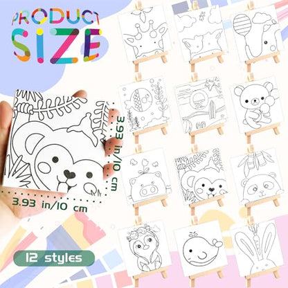 48PCS 12 Sets Printed Canvas Paint Art 12 Pcs Wooden Easel Set Paint Pots and Brushes and 12 Pre Drawn Canvas Panel 12 Pcs Mini Apron and Tote Bag for Kids(Dainty) - style: Dainty