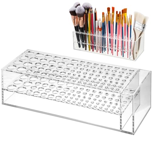 Acrylic Paint Brush Holder, 98 Holes Art Supply Organizer for Paintbrushes, Markers, Pencils & Makeup Tools – No Assembly Required Desktop Stand with 6 Hole Sizes and Multi-Functional Compartment