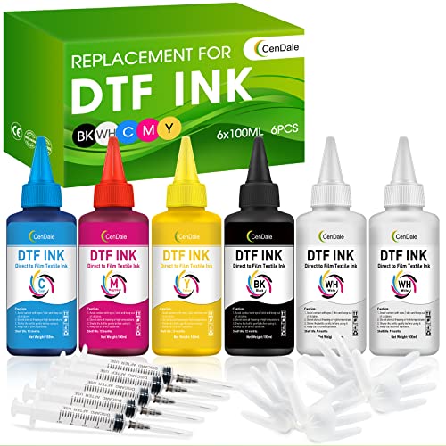 CenDale Premium DTF Ink 600ML- DTF Transfer Ink for PET Film, Refill for DTF Printers Epson ET-8550, XP-15000, L1800, L805, R1390, R2400, Heat Transfer Printing Direct to Film (100ml x 6, CMYK Wh) - color: 2 White,Cyan,Magenta,Yellow,Black, style: DTF Ink