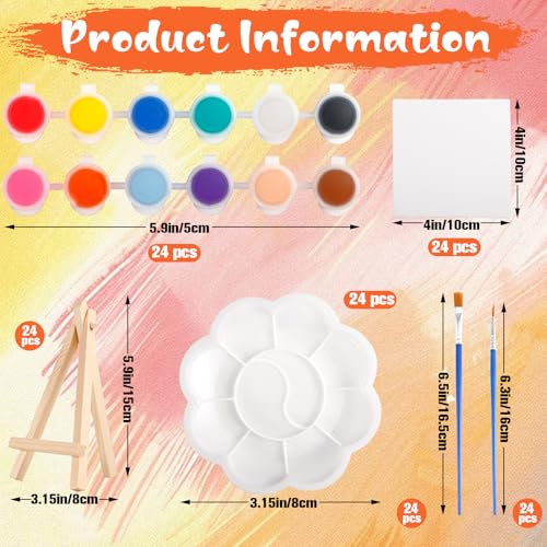 24Pack Mini Canvas Boards and Easel Paint Set,24Pcs Canvas and Easel,12 Colors Acrylic Paint Strips,48 Brushes,24 Palettes,Washable Acrylic Paint Set for Painting Crafts Party Favors (4" X 4") - color: 4" X 4"