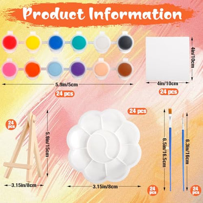 24Pack Mini Canvas Boards and Easel Paint Set,24Pcs Canvas and Easel,12 Colors Acrylic Paint Strips,48 Brushes,24 Palettes,Washable Acrylic Paint Set for Painting Crafts Party Favors (4" X 4") - color: 4" X 4"