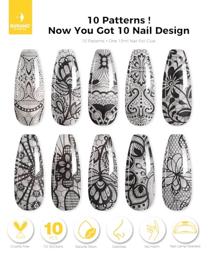 BURANO Nail Art Nail Foil Glue Gel, o.5 oz with 10PCS Foil Stickers Set Lace Nail Foil Glue for Nails Foil Transfer Gel, Nail Design Home DIY UV LED Lamp Required 28 - color: Lace 28