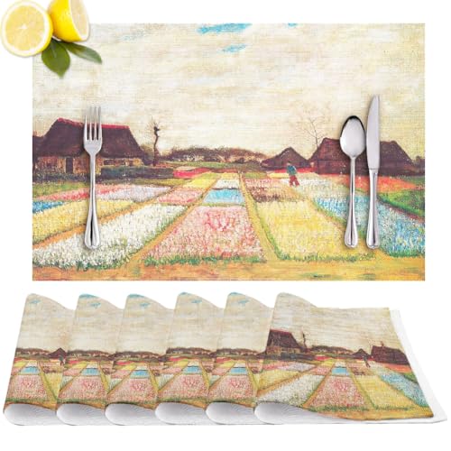 Flower Beds in Holland Placemats Set of 6 by V.Gogh Oil Painting, Non-Slip Washable PVC Heat Resistant Durable Place Mat for Kitchen Dining Holiday Vintage Art Table Protection Decor - 18"x12" - color: Flower Fields in the Netherlands