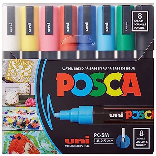 Posca Paint Markers, 5M Medium Acrylic Markers with Reversible Tips, Artist Recommended For Gifts, Fabric, Metal, Glass, Wood and Canvas, Assorted Colors, Set of 8 - size: 1 Count (Pack of 8), style: Round Tip