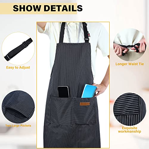 Handepo 4 Pcs Kitchen Aprons with Pockets Adjustable Waterproof Cotton Aprons Striped Apron for Women Men Chef Gift for Dad - color: Black, Pink, Gray, Blue