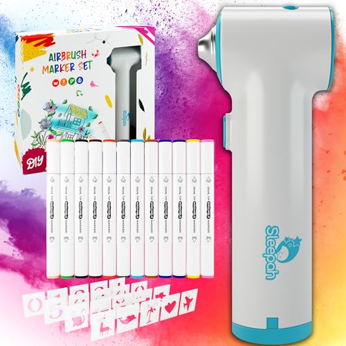 Air Brush Marker Sprayer Set for Kids w 12 Washable Markers & 20 Stencils | Creative Activity for Boys & Girls Ages 5 6 7 8 9 – Arts & Crafts DIY Travel Indoor & Outdoor Perfect Kids Birthday Gift
