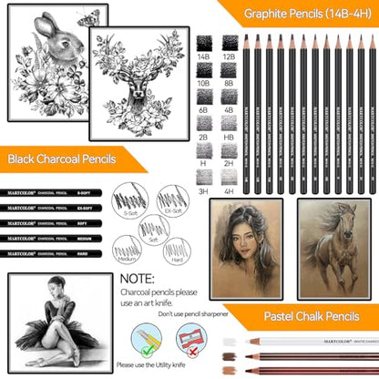 MARTCOLOR Drawing Sketching Pencils Set, 34 Pieces Pro Art Pencil Kit - Graphite Pencils (14B-4H), Charcoal Pencils, Charcoal Sticks, Artist Pencils for Beginners & Pro Artists