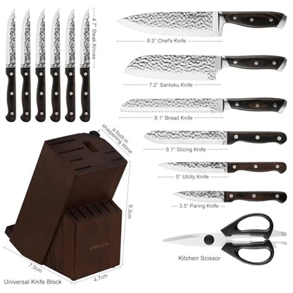 Kitchen Knife Set with Block, 15-Piece Professional Stainless Steel Sharp Knives Set for Kitchen with Built-in Sharpener, Ergonomic Wooden Handle, Full Tang Forged Triple Rivet, Boxed Knife Set
