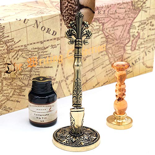 Antique Quill Pen Unique Half-Patterned Feather Pen Set with 6 Nibs 1 Bottle of Ink 1 Seal Stamp 1 Pen Holder 1 Sealing Wax LL-149