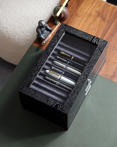 Pen Display Case with 36 Pen Slots, Fountain Pen Case, Wood Pen Storage Organizer, Pen Box Display for Men Gift, Pen Display Box with Glass Window(black ash veneer finish, dark gray velvet) - color: black 36 slots, gray velvet