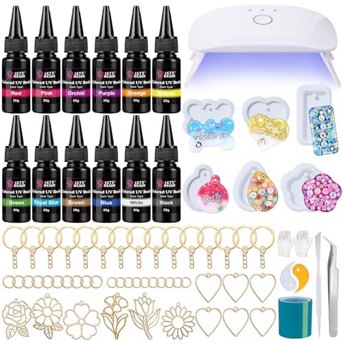 LET'S RESIN All-Inclusive Keychain Making Kit, 12-Color UV Resin with Keychain Molds Silicone, UV Light, 6 Styles Flower and Heart Open Bezels for Resin, Jewelry Making Kit for Beginners, Craft Decor - size: 240g Colored Keychain Making Kit