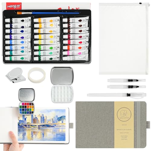 Vienrose Mini Portable Watercolor Palette Set for Travel & Outdoor Painting with 8.5" x 5.5" Linen Cover Watercolor Sketchbook, 24-Color Watercolor Paints, 3 Pens, Artist Tape & Storage Bag - color: Grey, size: 8.5"x5.5"