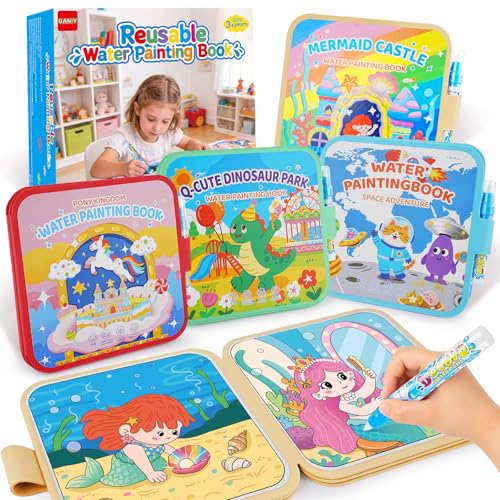 QANIY 4 Pack Reusable Water Painting Book, 40 Vivid Pages Mess-Free Coloring Books, Magic Water Coloring Books with Water Pens for Toddlers, Portable Travel Toys, Gift for Girls & Boys Ages 1-3, 3-5