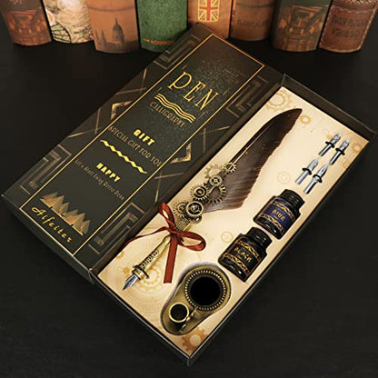 Aifeiter Feather Pen ink Set,Calligraphy Pen Set,Includes:Quill Pen,2 Bottles of Color ink,2 in one Holder,4 Stainless Steel Nibs,Black Gift Box-Grey - color: Grey1