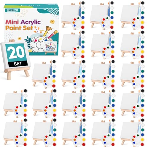ESRICH 20 Set Mini Canvas Painting Kit, Minis Acrylic Paint Set, Valentines Day Gifts,4*4in Stretched Canvas with Easel, Acrylic Paints,Brushes,Palette,Mini Easel Canvas for Kids Adults Painting Party - size: 20 set 4 x 4 inches