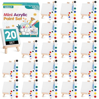 ESRICH 20 Set Mini Canvas Painting Kit, Minis Acrylic Paint Set, Valentines Day Gifts,4*4in Stretched Canvas with Easel, Acrylic Paints,Brushes,Palette,Mini Easel Canvas for Kids Adults Painting Party - size: 20 set 4 x 4 inches