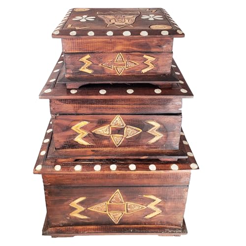 Hand-Carved Wooden Keepsake Box Collection – Decorative Rustic Storage Box, Jewelry Box, Trinket Organizer, Handmade Artisan Wood Home Décor (Box Lg & Med & Sm (Set of 3)) - size: Box Lg & Med & Sm (Set of 3)