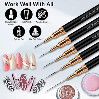 MUIIGOOD Nail Art Liner Brushes, 5Pcs Liner Brush For Nails, Painting Nail Art Brush Set Dotting Drawing Tool for Long Lines, Thin Details, UV Gel Polish Painting, Fine Drawing 7/9/11/15/25mm(Black) - color: Black
