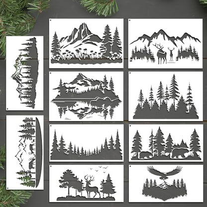 Sitsink Forest Stencils for Painting on Wood - Reusable Reindeer Mountain Scenery Stencils for Crafts Decorating Wall Fence Door Garden Fabric - style: forest