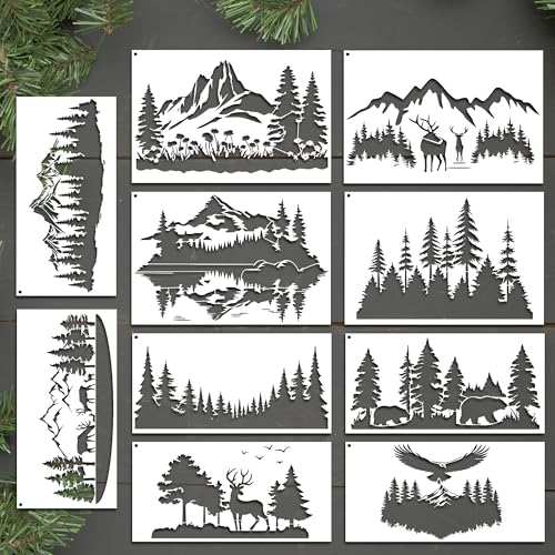 Sitsink Forest Stencils for Painting on Wood - Reusable Reindeer Mountain Scenery Stencils for Crafts Decorating Wall Fence Door Garden Fabric - style: forest