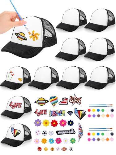 Aneco DIY Blank Trucker Hats Kit Adjustable Baseball Caps | Embroidered Patches, Paint Tools Included, Craft Kit, Sports Events, Group Activity, Party Favor - color: Black