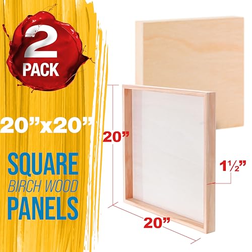 U.S. Art Supply 20" x 20" Unfinished Cradled Wood Panels for Painting, Gallery 1-1/2" Deep (2 Pack) - Artist Depth Wooden Wall Canvases - Mixed-Media Craft, Acrylic, Oil, Encaustic, Paint Pouring - size: 20" x 20", style: Square