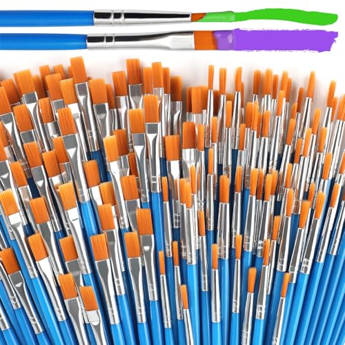 Halobios 100 Pcs Paint Brushes Set for Acrylic Painting, 50 Pcs Flat and 50 Pcs Round Art Paint Brushes, Painting Brushes for Kids Adults Oil Watercolor Rock Painting Body Face Nail Art - size: 100-MIX