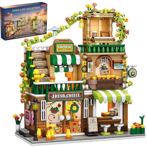 City Coffee Shop Building Blocks, 828 PCS Modular Cafe Shop Construction Model, Art Architecture Building Set for Home Decor, Birthday Gifts for Adults - color: Matcha Latte Green