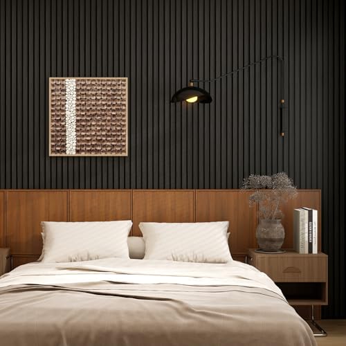 3D Fluted Wall Panels Peel and Stick - Wood Look EVA Foam Wall Panels for TV Feature Wall, Waterproof Self Adhesive Slatted Trim, 98.5in Roll (Black), 1PCS