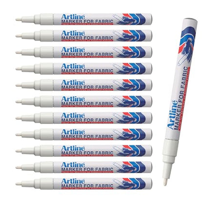 Artline Fabric Markers Permanent For Clothes, High Density Instant Dry Ink for Bright Clothing & Labels, Fabric Marker with 1.2 mm Fine Tip, White, Pack of 12