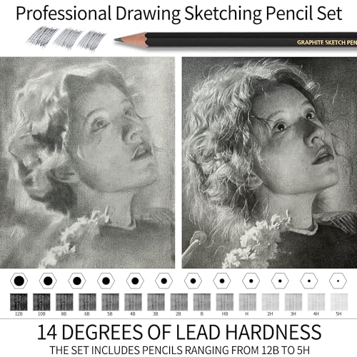 Qionew Professional Sketching Pencil for Drawing,14 Pack, Graphite Pencils | Drawing Sketching Pencil Set, 12B-5H, Art Pencils for Drawing and Shading, Sketching, Ideal for Beginners & Pro Artists