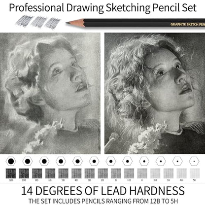 Qionew Professional Sketching Pencil for Drawing,14 Pack, Graphite Pencils | Drawing Sketching Pencil Set, 12B-5H, Art Pencils for Drawing and Shading, Sketching, Ideal for Beginners & Pro Artists