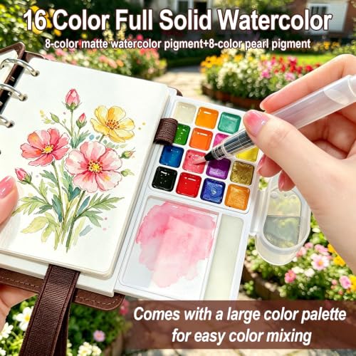 Travel Watercolor Set, 16 Colors Standard (8 Matte & 8 Shimmer), Pocket Paint Set with 30-Sheet 300G Cotton Sketchbook, Detachable Palette, Water Cup & Water Brush, Brown - color: Brown