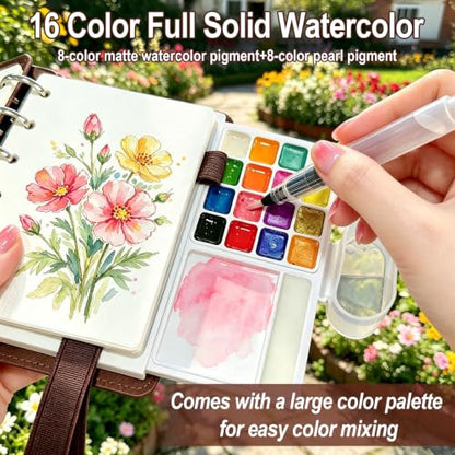 Travel Watercolor Set, 16 Colors Standard (8 Matte & 8 Shimmer), Pocket Paint Set with 30-Sheet 300G Cotton Sketchbook, Detachable Palette, Water Cup & Water Brush, Brown - color: Brown