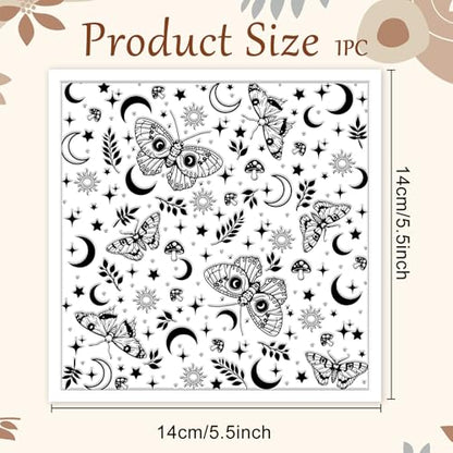 CHGCRAFT Moth Divination Pattern Polymer Clay Texture Sheet Moon Leaves and Stars Silicone Clay Texture Mat for Polymer Clay Making Earrings Jewelry DIY Crafts 5.5 × 5.5 in - style: Moth Divination