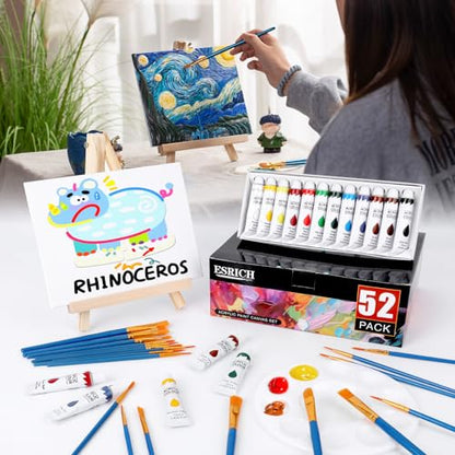 ESRICH 52PCS Acrylic Paint Canvas Set, Acrylic Painting Kit with 2 Set of 12 Colors Acrylics Paint,Paint Brushes,Canvas, Wooden Easels, Art Plates, Art Painting Supplies for Kids Adults Beginners - color: 24