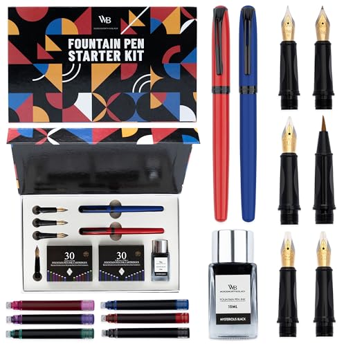 Wordsworth and Black Fountain Pen Set - Blue - Includes 2 Pens, 18 ML Ink Bottle, 60 Ink Cartridges, A Refill Converter, 1 Medium and 4 Broad Nibs, Brush Pen - Fountain Pen Kit for Beginners - color: Red and Blue