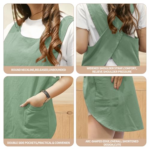 Shortened Design Apron, Japanese Style Soft Cotton Linen Apron with Two Side Pockets, X Cross Halter Aprons, Kitchen Cooking Clothes Gift for Women DIY Project, Crafting, Cooking, Baking(Mint Green) - color: Mint Green, style: 1# Style-rounded Edge