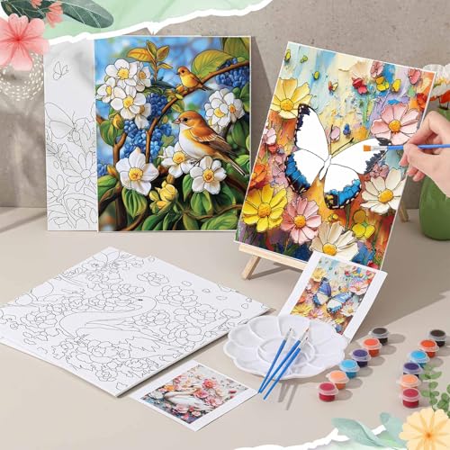 Tenceur 16 Sets Pre Drawn Canvas to Paint for Sip and Paint Party, 8 x 10 Inch Preprinted Framed Pre Sketched Coloring Canvas with Easels and Brushes for Adults Party Supplies(Garden) - style: Garden