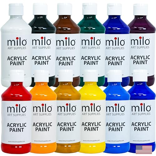 milo Acrylic Paint Set of 12 Colors | 8 oz Bottles | Student Primary Colors Acrylics Painting Pack | Made in the USA | Non-Toxic Arts & Crafts Paints for Artists & Hobby Painters - style: Primary Set 12 x 8 oz