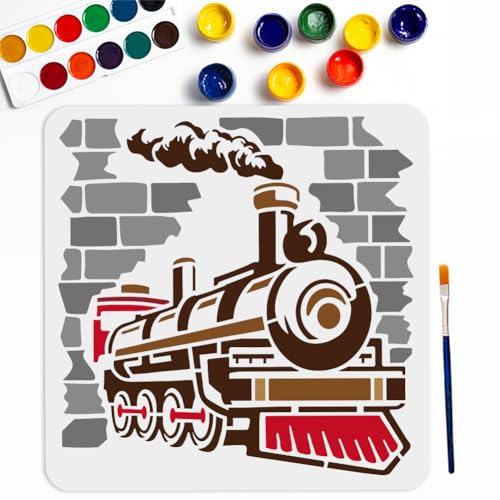 MAYJOYDIY Retro Train Stencil 11.8×11.8inch Large Train Steam Engine Locomotive Stencils with Paint Brush Brick Wall Railway Transportation Vehicle Template for DIY Craft Furniture Wood Canvas Paper - color: Train